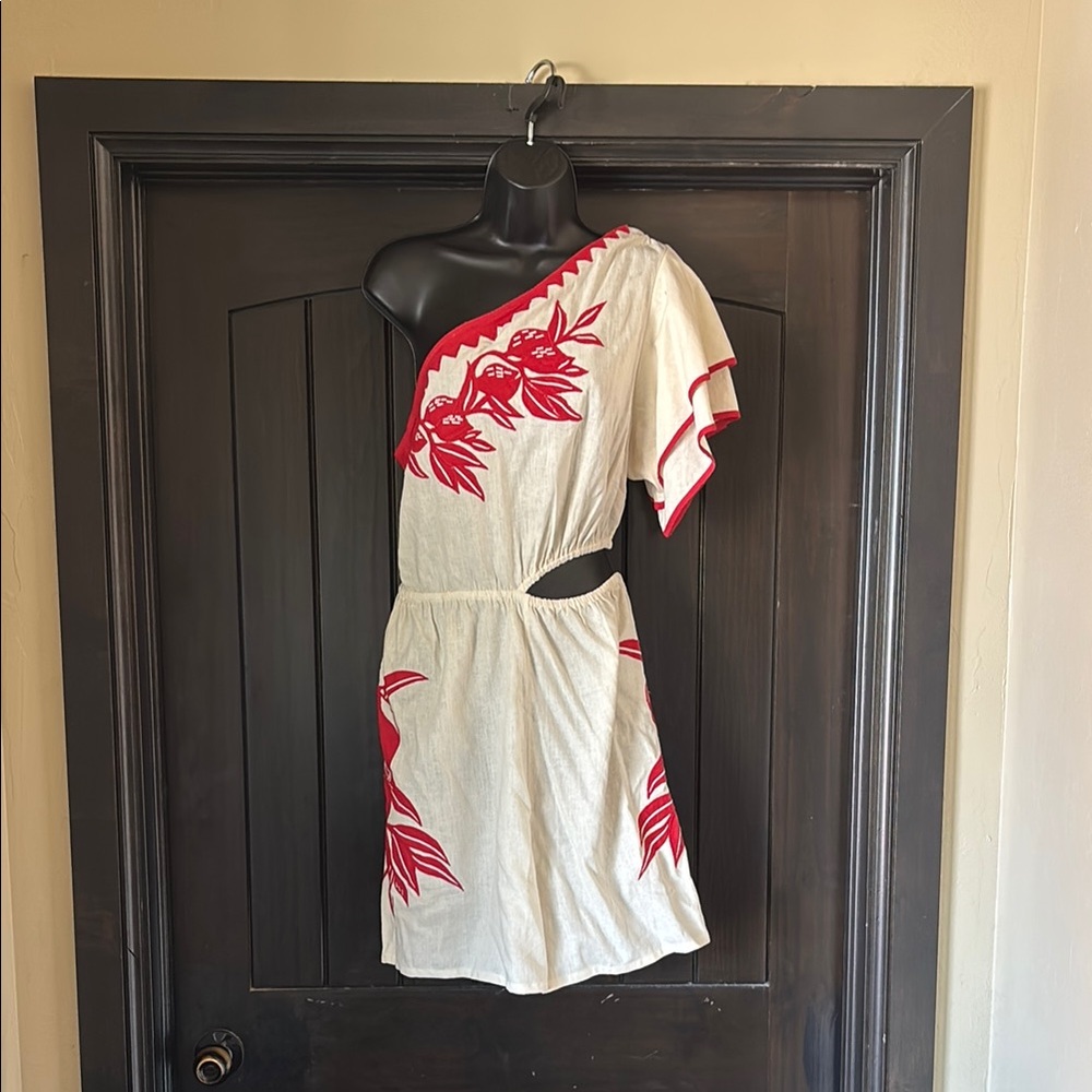 Farm Rio x Anthropologie One-Shoulder Cream and Red Romper